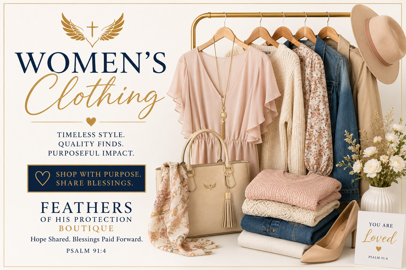 FOHP Boutique Women's Clothing collection featuring affordable dresses, tops, pants and designer fashion. Every purchase supports Feather of His Protection Ministries.