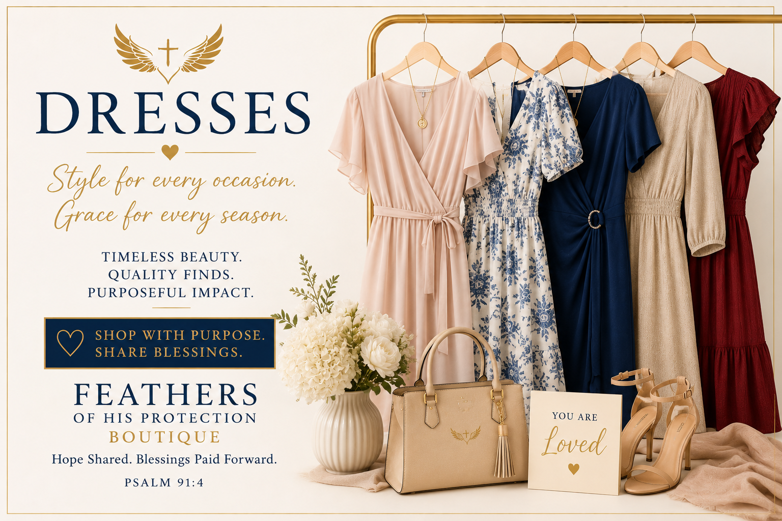 FOHP Boutique Dresses collection featuring affordable casual, church, work and special occasion dresses for women. Every purchase supports the mission of Feathers of His Protection Ministries.