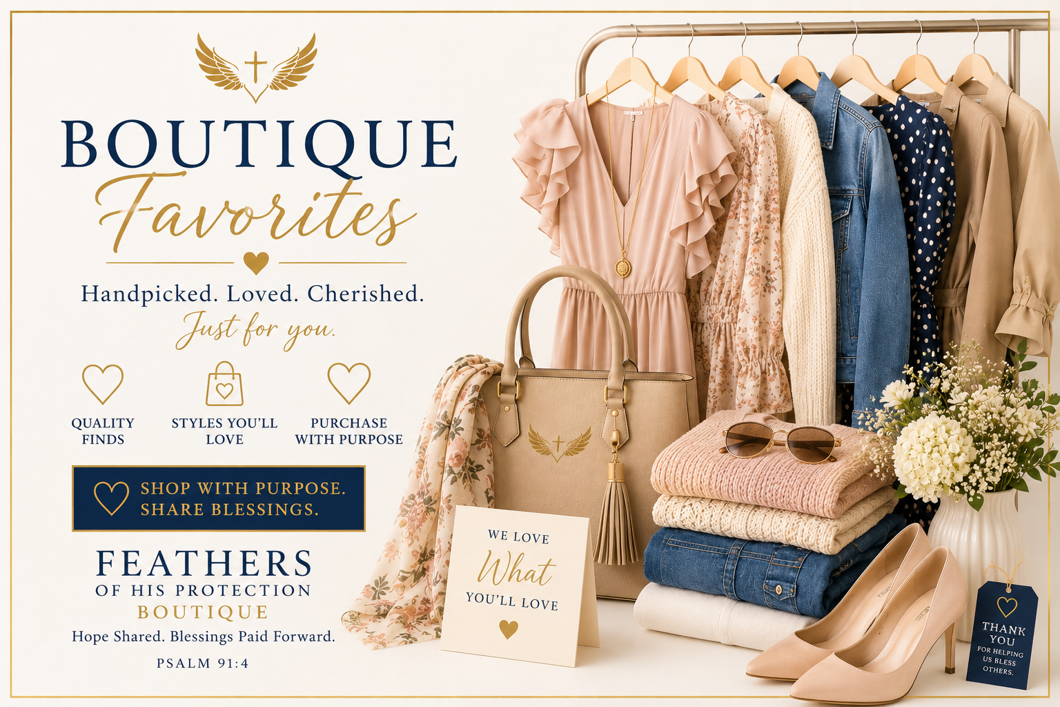 FOHP Boutique Favorites collection featuring our most-loved clothing, shoes, handbags and accessories. Every purchase supports the mission of Feathers of His Protection Ministries.