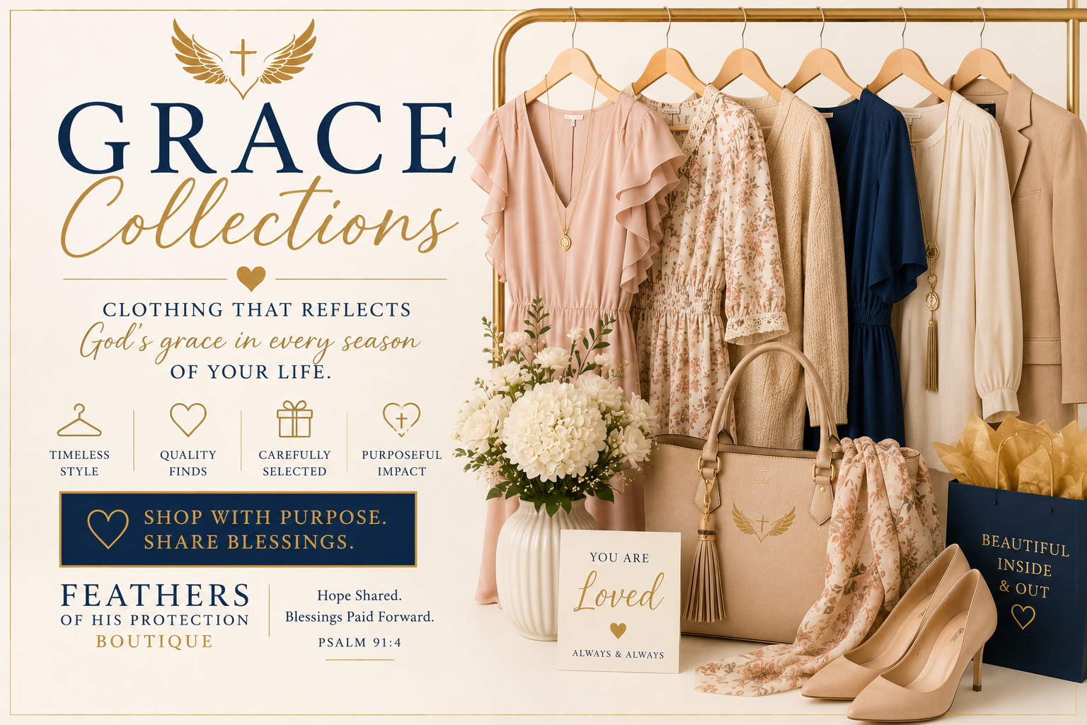 FOHP Boutique Grace Collection featuring elegant clothing, shoes and accessories thoughtfully selected to inspire confidence, hope and timeless style. Every purchase supports the mission of Feathers of His Protection Ministries.