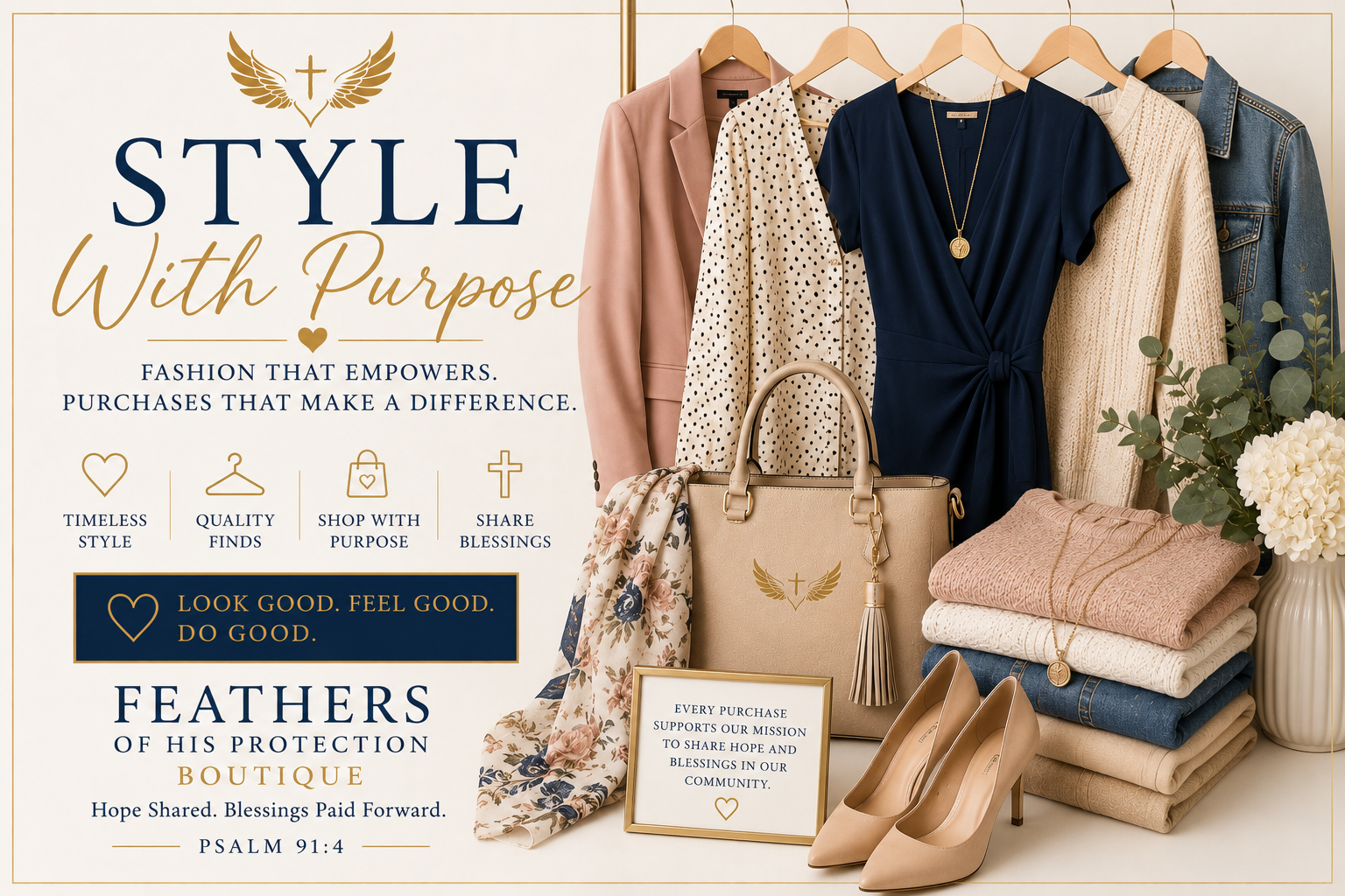 Style With Purpose collection at FOHP Boutique where every purchase supports Feathers of His Protection Ministries.