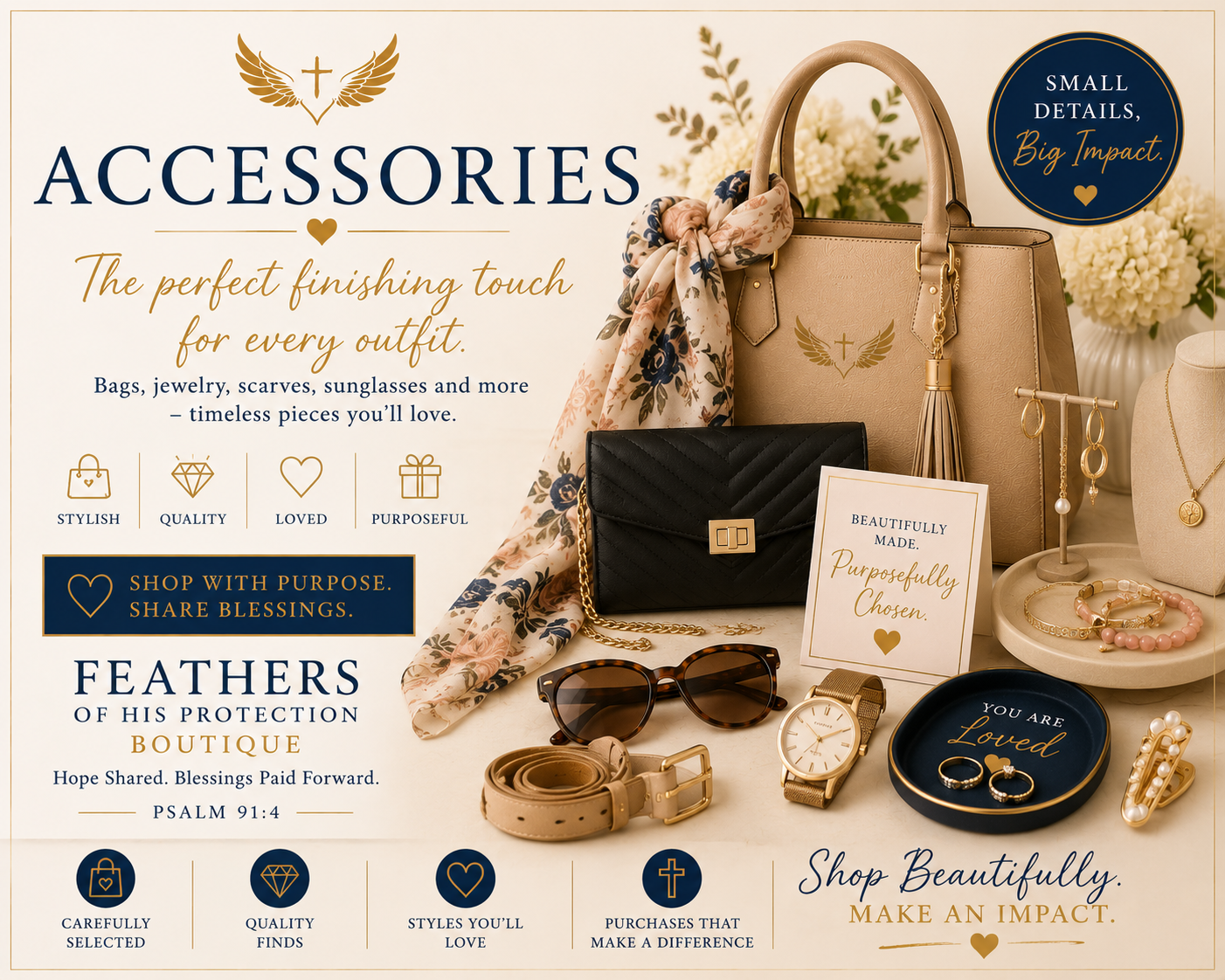 FOHP Boutique Accessories collection featuring handbags, jewelry, scarves, belts and fashion accessories to complete every look. Every purchase supports the mission of Feathers of His Protection Ministries.