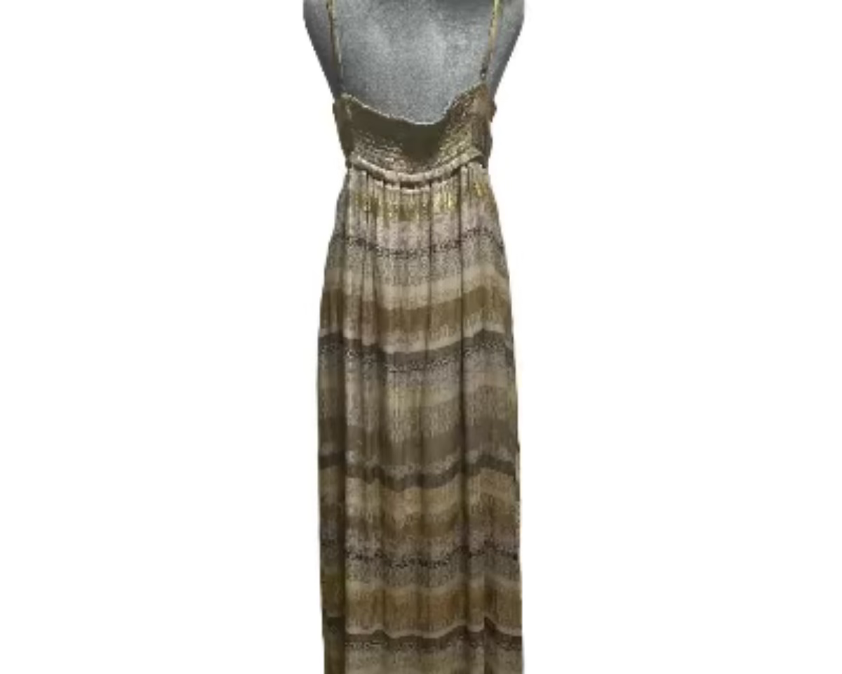 A sleeveless maxi dress with thin straps and a horizontal striped pattern in olive green, brown, and beige, displayed on a gray mannequin against a white background.