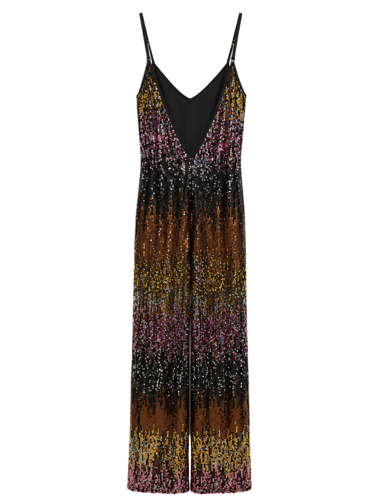 Back view of multicolor pink sequin jumpsuit with adjustable spaghetti straps, deep V-back and shimmering black, bronze, gold and silver accents.