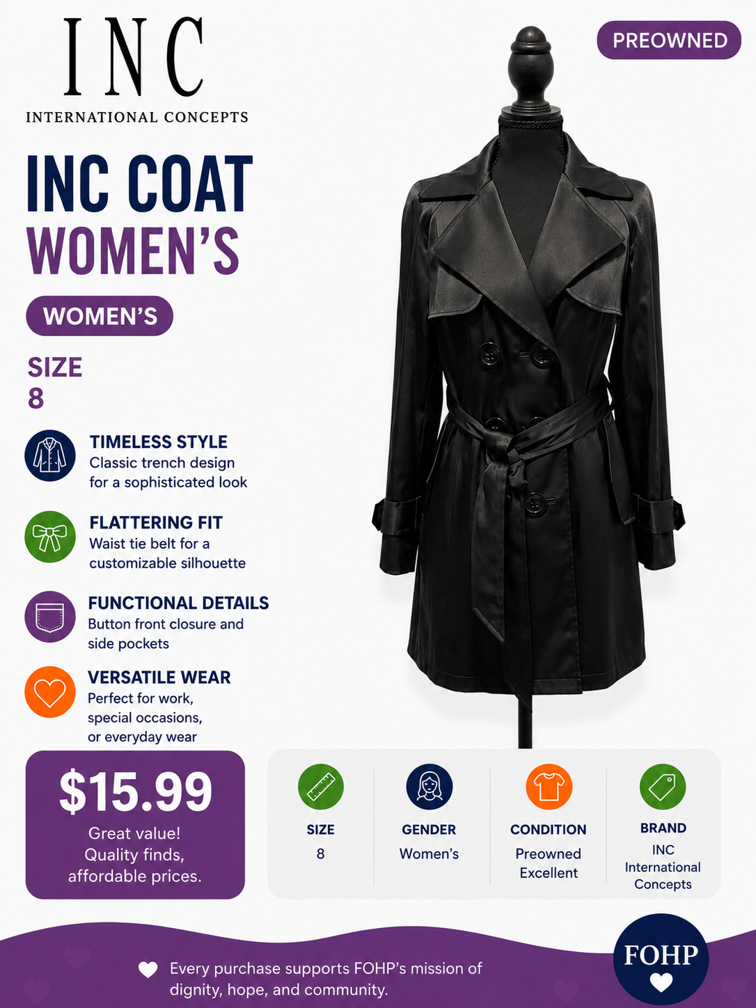 INC Classic Short Trench Women's Coat