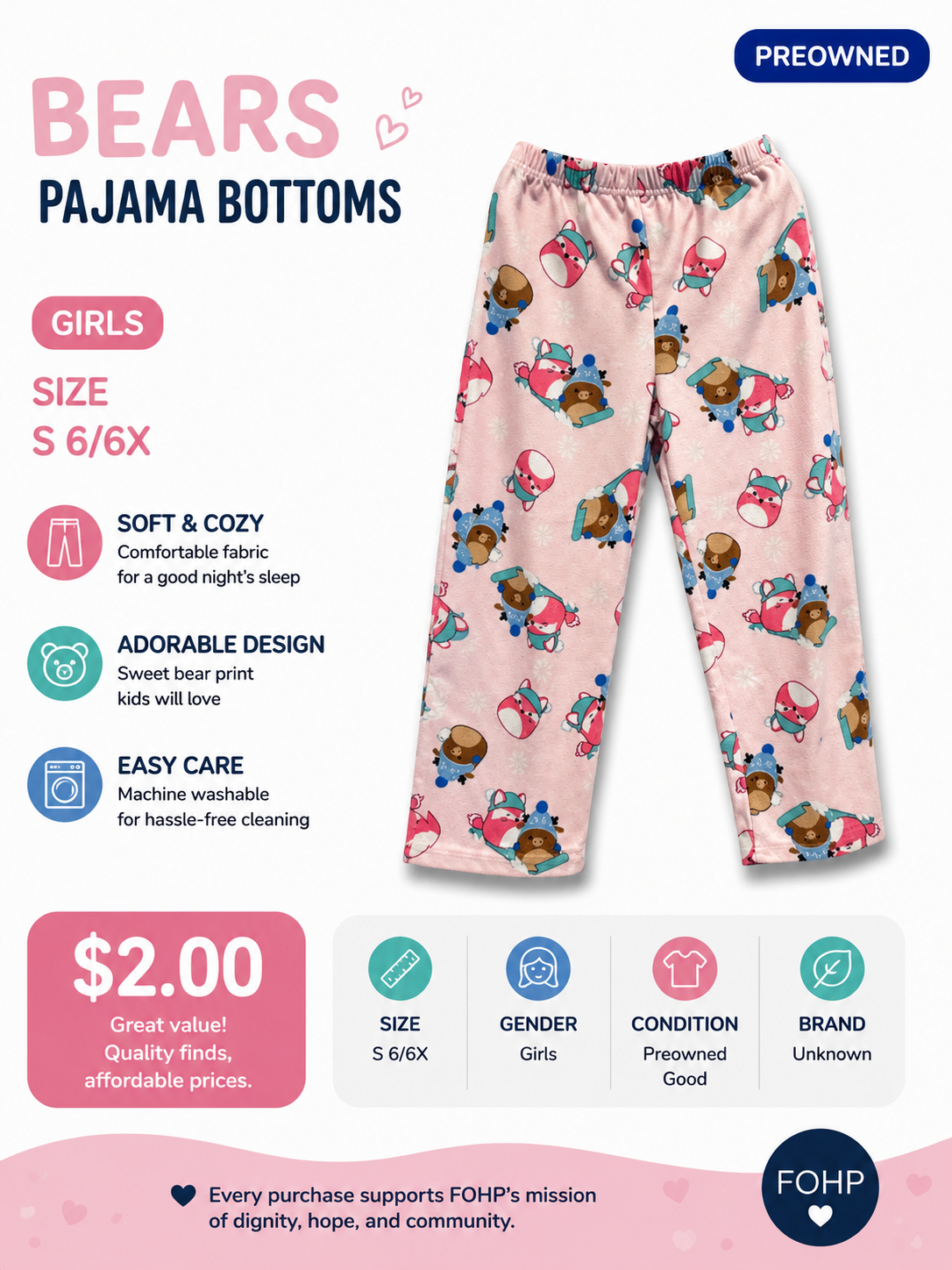 Bears Girls Pajama Bottoms