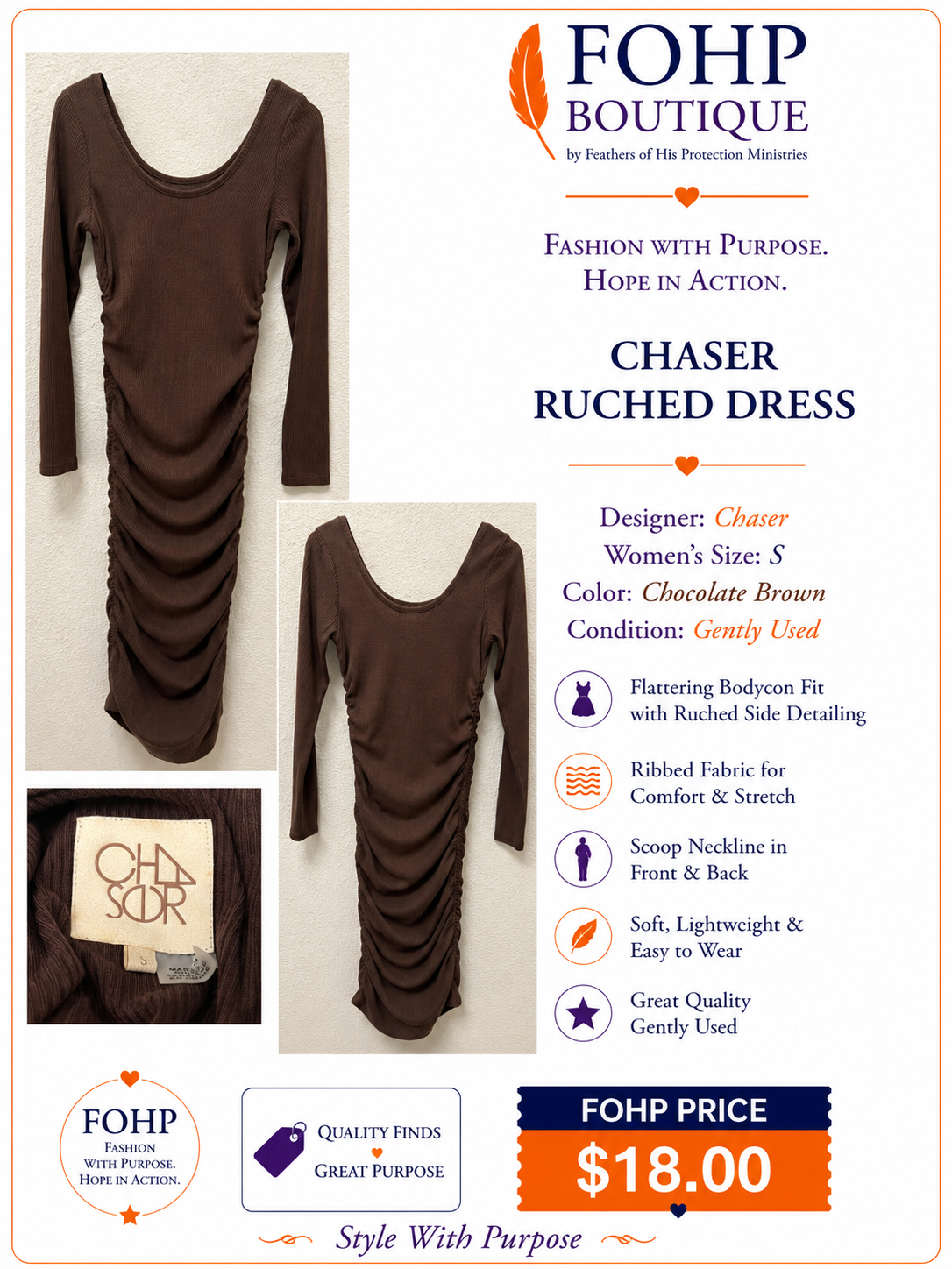 Chaser Brown Ruched Bodycon Dress - Women's S