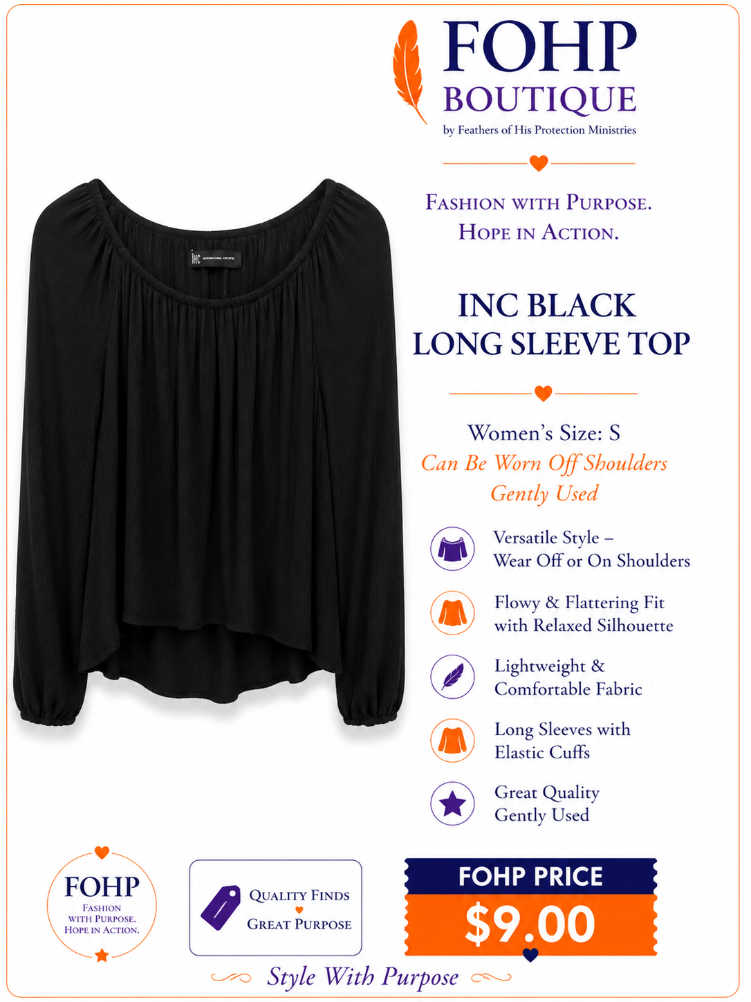 INC Black Long Sleeve Top