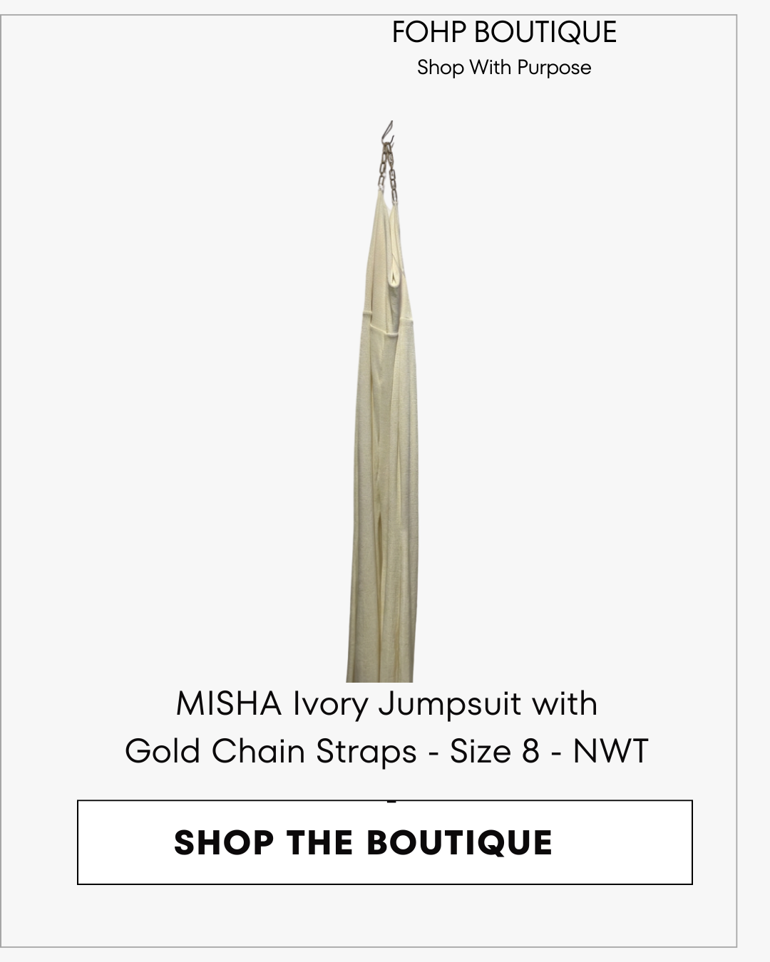 Mischa ivory jumpsuit with gold chain shoulder straps, size 8, new with tags.
