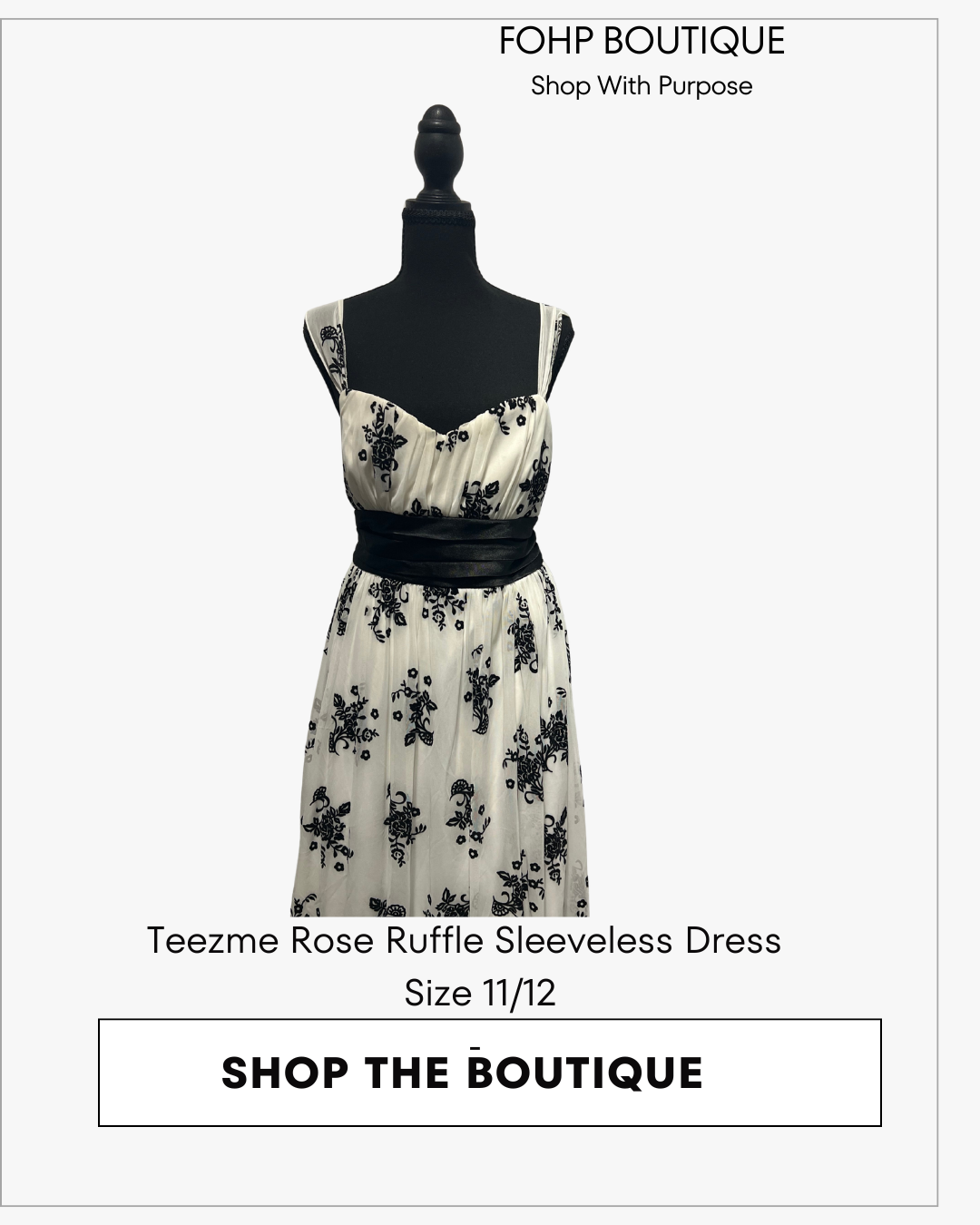 Teezme cream and black floral sleeveless dress with black waistband, size 11/12. The dress has a cream base with black floral embroidery and a black waistband.