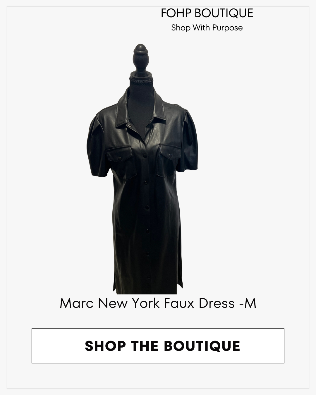 Marc New York black faux-leather short-sleeve collared midi dress, size Medium, displayed on a mannequin.