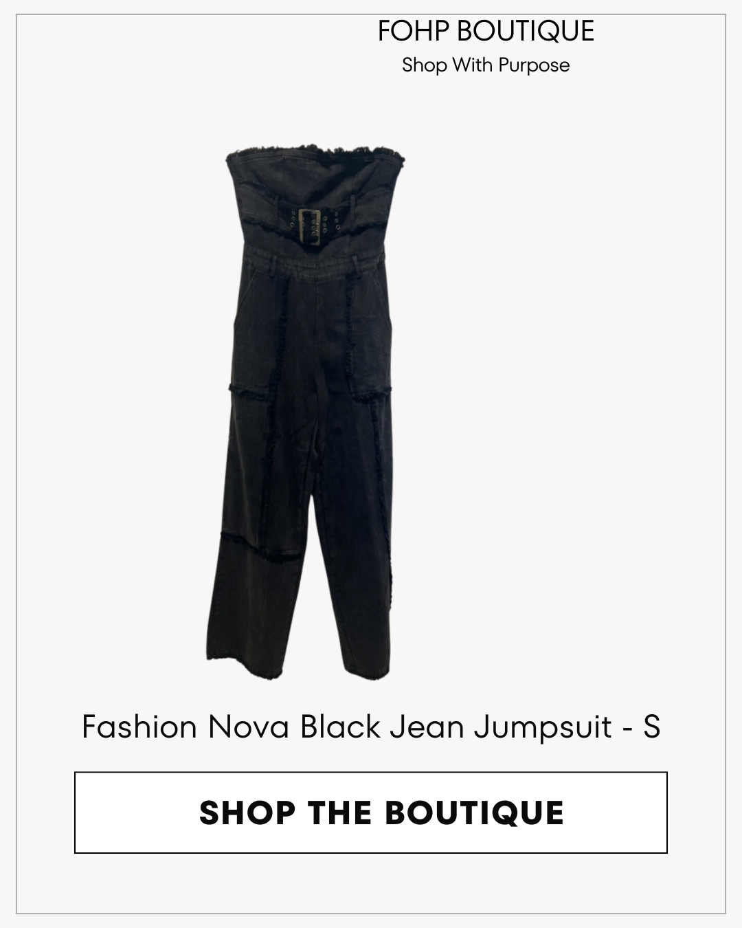 Fashion Nova black sleeveless full-length jumpsuit, size Small, displayed on a mannequin.