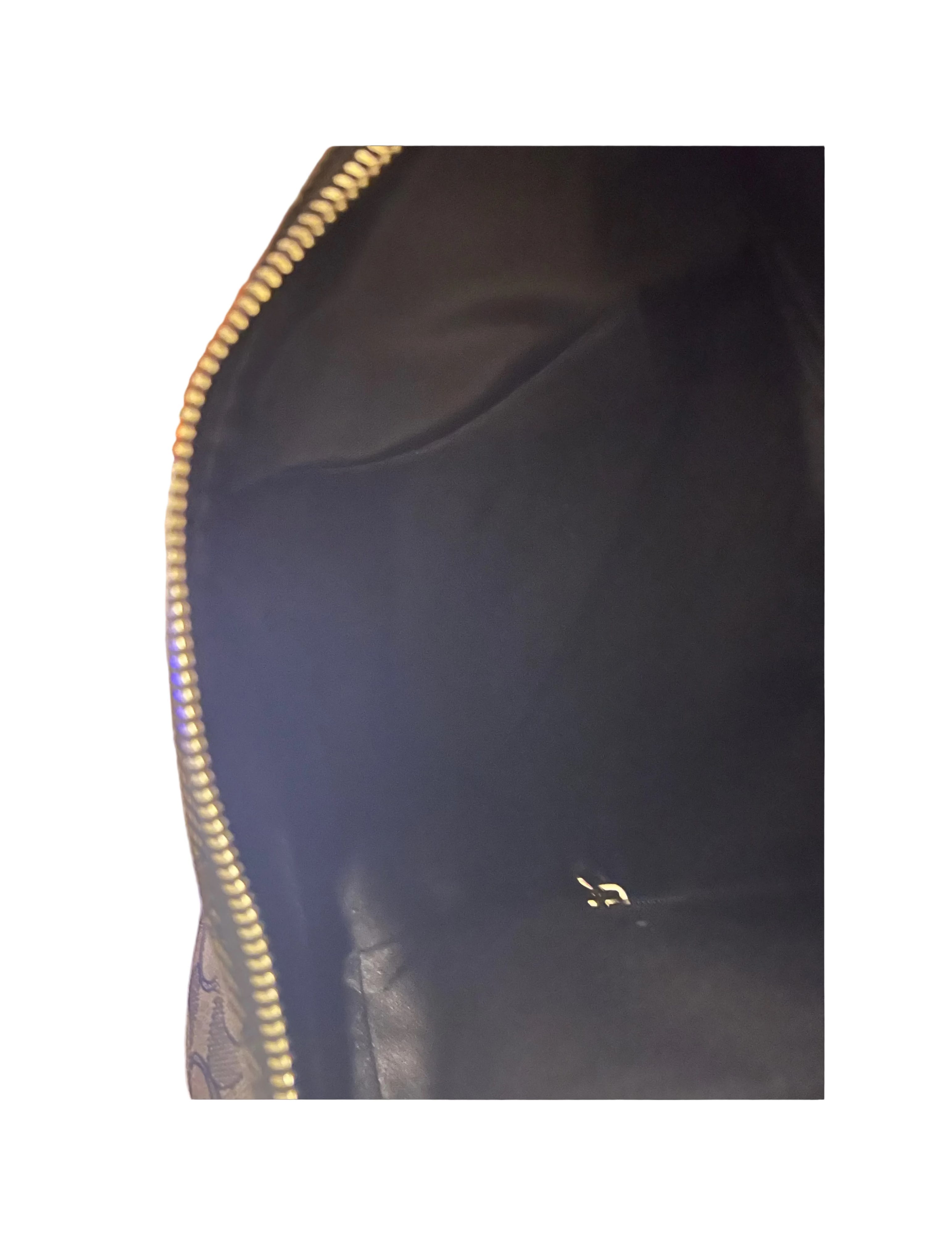 Close-up of the interior of Coach hobo bag with a gold-toned zipper, showing a small metallic logo near the bottom right.