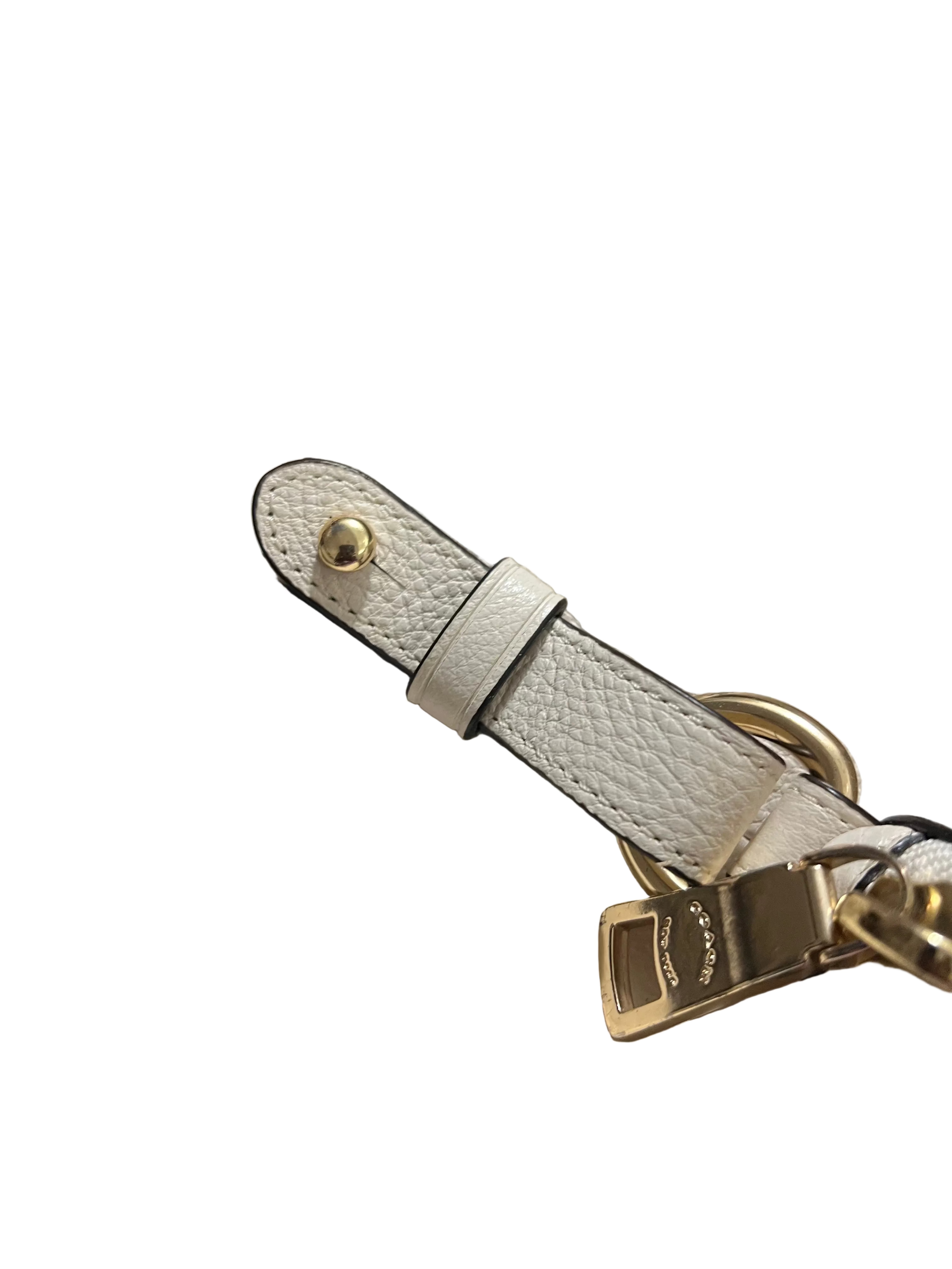 Close-up of a textured off-white leather handbag with a matching leather strap and gold-tone hardware, including a padlock detail and a visible Coach logo on the metal tag.